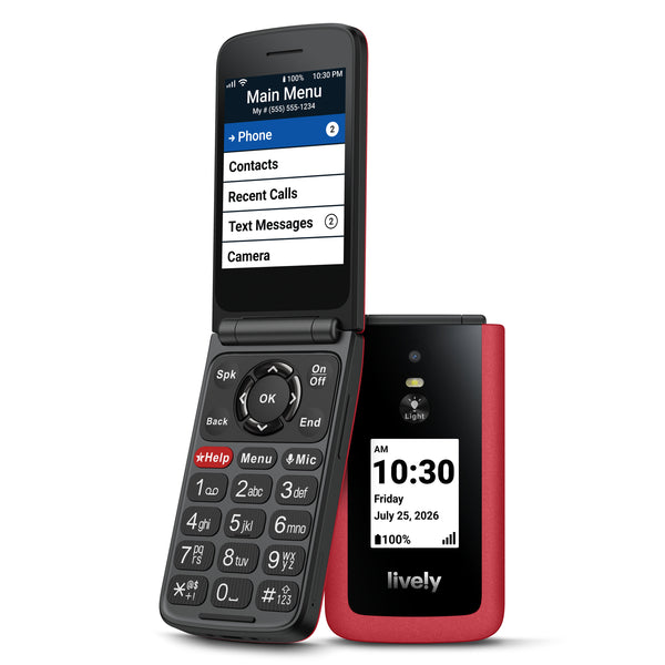 Red flip phone with screen displaying menu and time, brand 'Lively' visible on white background