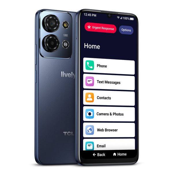 Jitterbug smartphone showing front and back with camera lens and menu on a white background